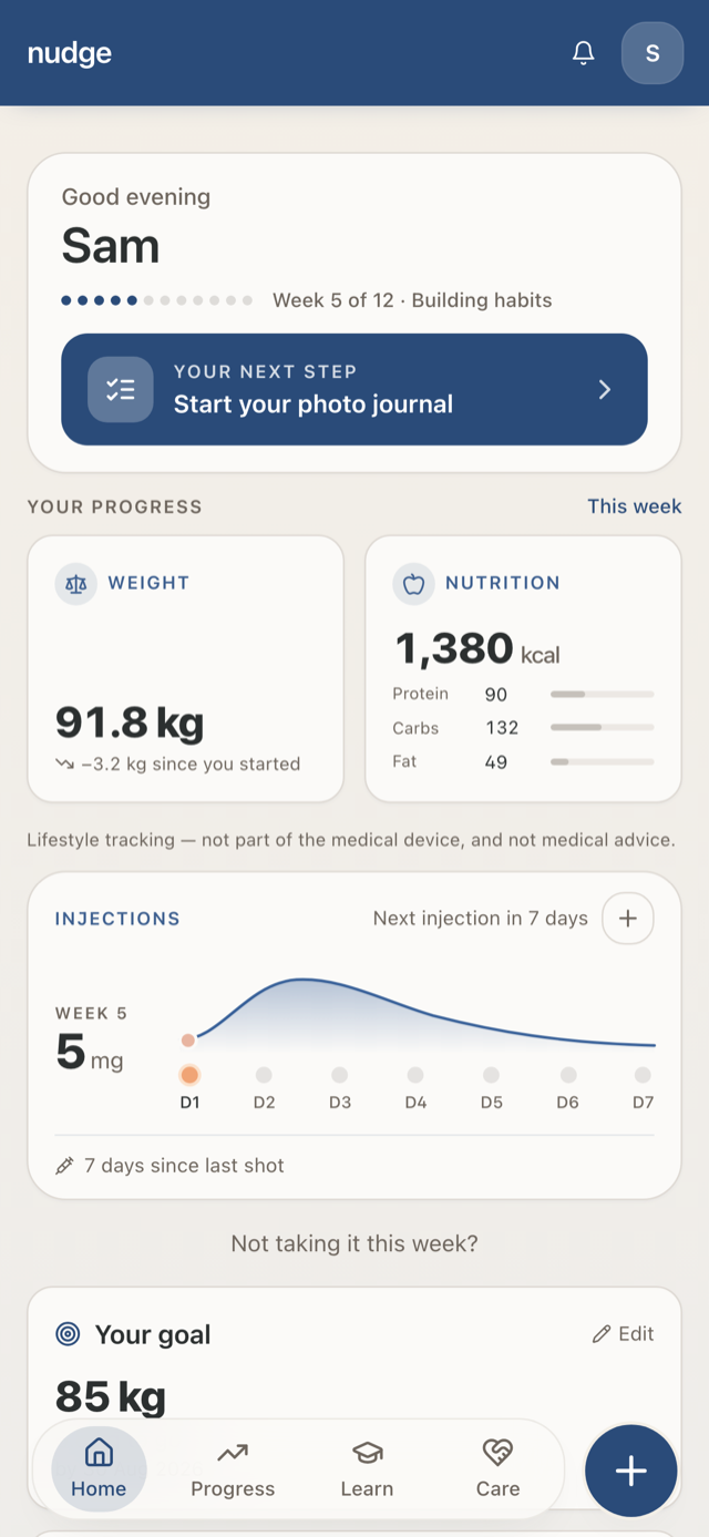 Actual nudge home screen showing the patient journey, weight, nutrition and injection cycle
